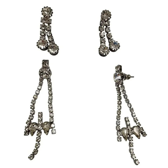 Vintage Jewelry - Vintage 60s-70s Clear Crystal Rhinestone Faceted Crystal Earring Set Silver Tone